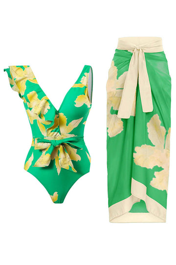 To Piece Trykt Green Bikini Set med Beach Skirt